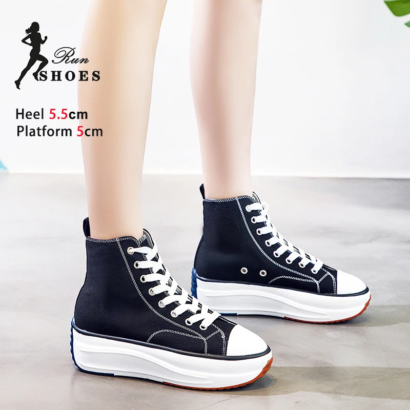 Fashion Girl Thick Platform Sneakers Spring Autumn Lace-up High Top Casual Woman Shoe 5.5CM Thick Bottom Canvas Shoes Size 35