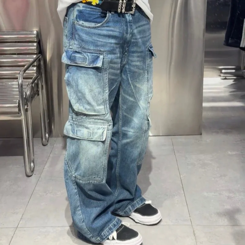 

Retro American High Street Loose Fit Denim Jeans Multiple Pockets Straight Leg Workwear Washed out Spring Season Couples