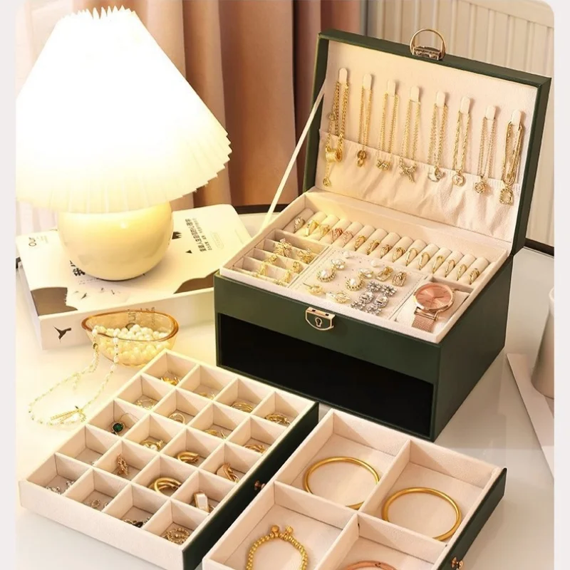 Large Capacity Quilted PU Leather Jewelry Box With Lock  Multi-layer Drawer Jewellery Organizer Removable Dividers Storage Case