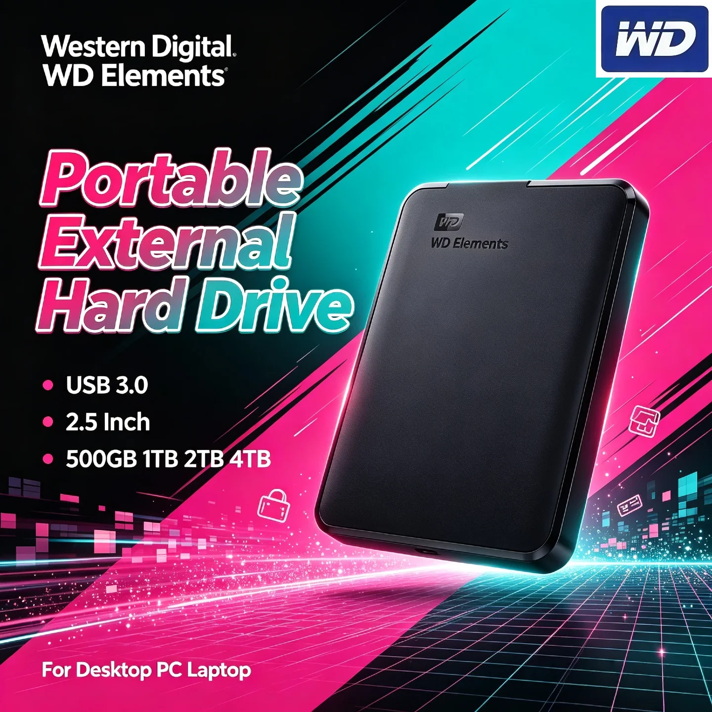 WD Elements Western Digital 2TB 1TB External Hard Drive 2.5 Inch USB 3.0 Portable HDD for Desktop PC Laptop Pro Unit