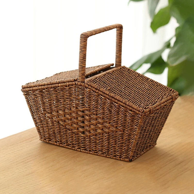 Abae-cesta de mão estilo pastoral com tampa imitação de rattan tecido cesta de piquenique lanches de frutas cesta de armazenamento de artigos diversos