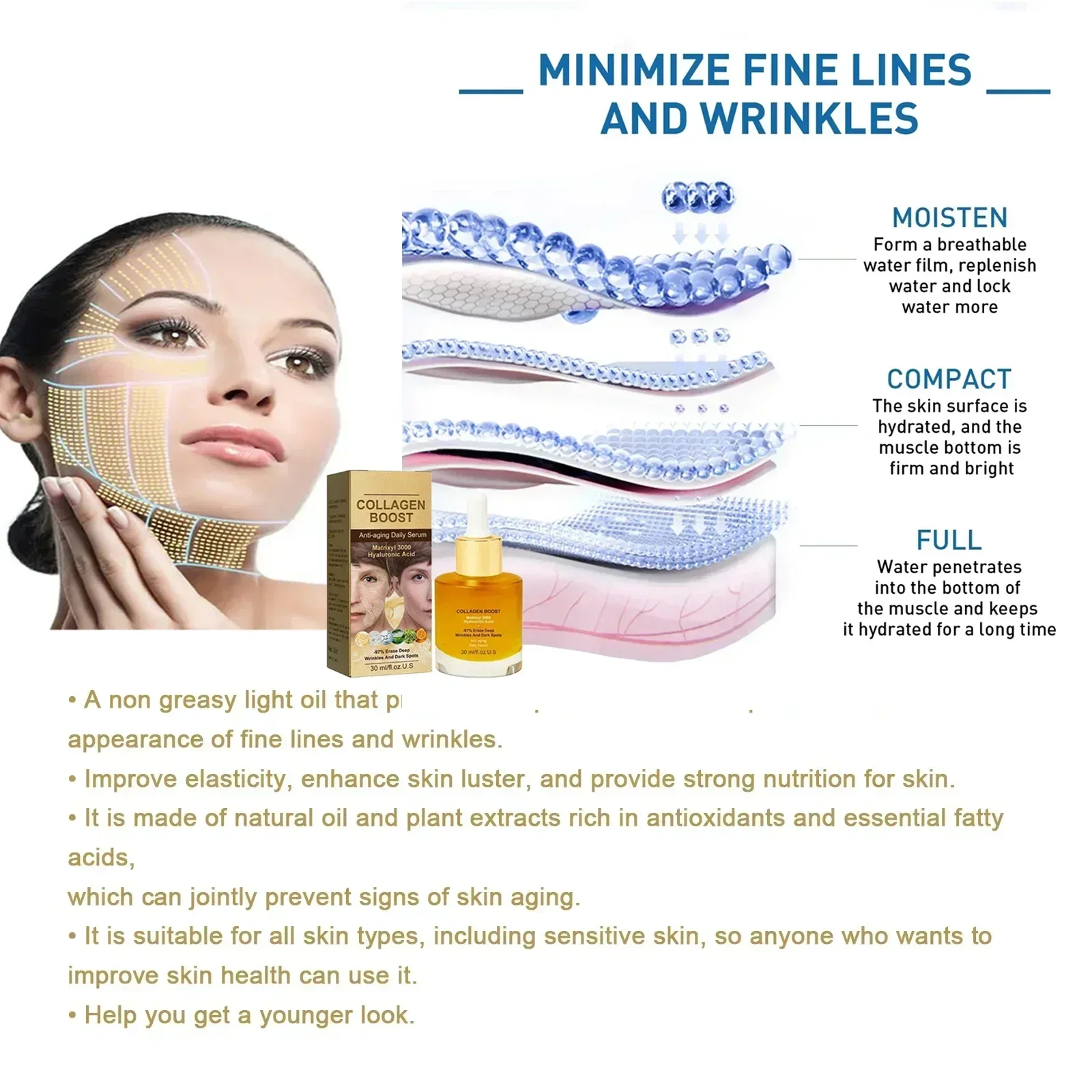 Facial óleo de essência de colágeno, remove rugas, soro facial, pele firme, atrasar o envelhecimento, melhorar o embotamento, iluminar hidratar, anti-rugas