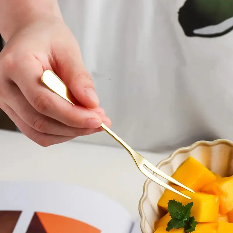 

12pcs Stainless Steel Fruit Two Toothed Fork Simple Durable Dessert Fork Food-Grade Polished Salad Forks Kitchen Accessories