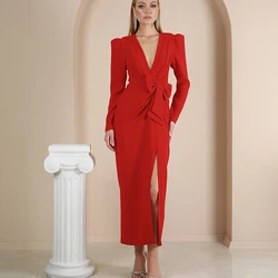 Red Prom Dresses Deep V Neck Long Sleeves Evening Gowns A-Line Bow Formal Party Dress Customized Front Slit 2023 فساتين السهرة