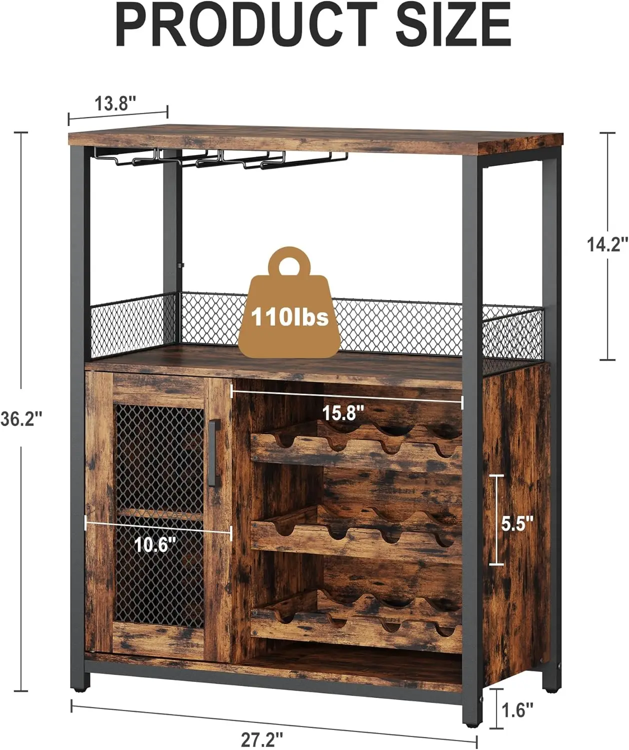 خزانة بار النبيذ LED قابلة للتعديل مع باب شبكي، بني ريفي للمطبخ وغرفة الطعام #2