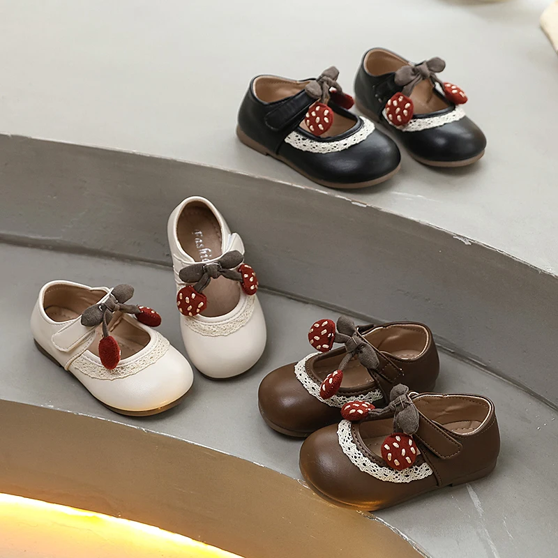 

2026 New Girls Mary Jane Shoes Spring Autumn Lace Ruffled Edge Children Flat Shoes Sweet Bow Kids Fashion Princess Leather Shoes