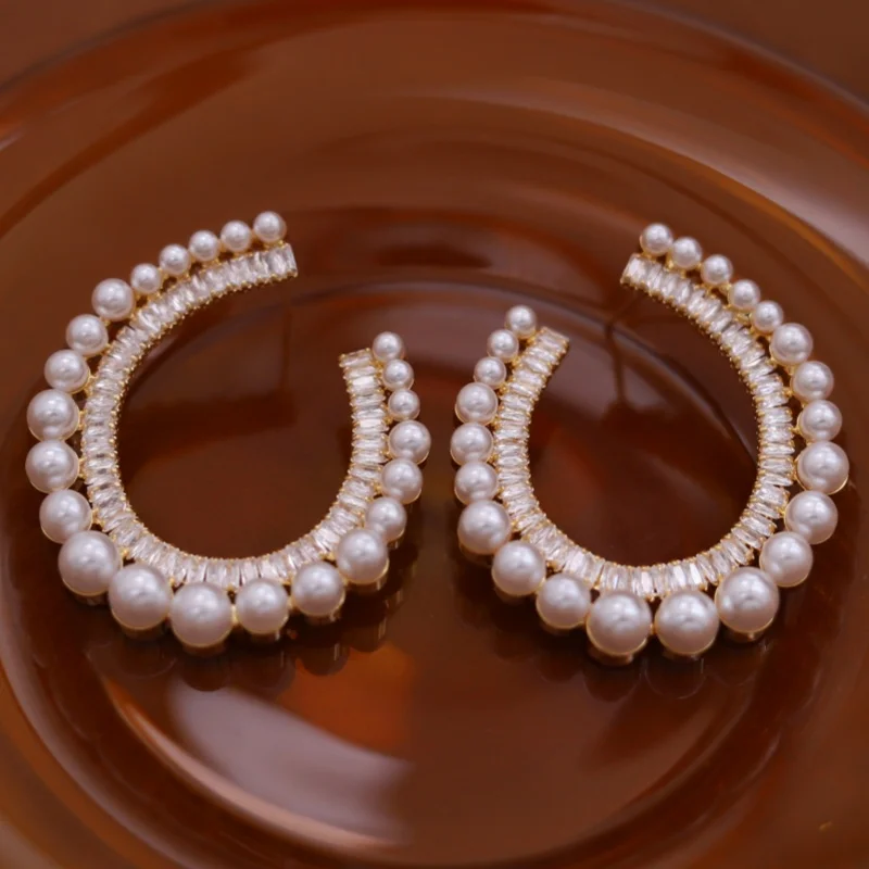 Korean new fashion jewelry 14K gold plated exaggerated big U-shaped pearl zircon ball earrings elegant women's party accessories