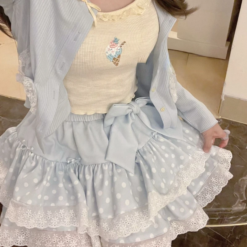 Jupes Lolita japonaises douces à pois pour femmes, mini jupe en patchwork de dentelle A-Line, taille haute, nœud mince, esthétique Y2K, Kawaii Faldas