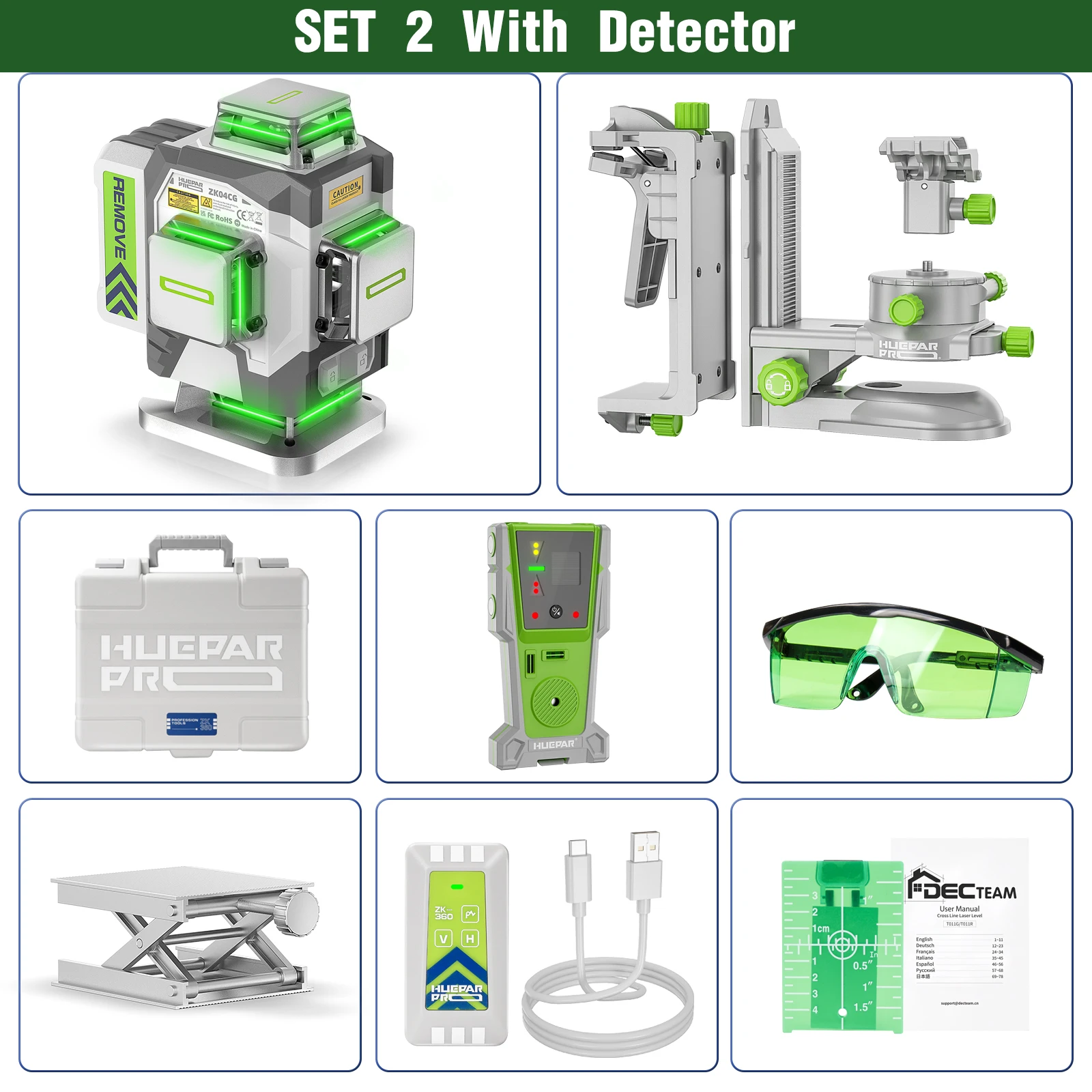 Huepar Professional 4D kruislijnlaser ± 2 mm hoge nauwkeurigheid zelfnivellerende groene lasergereedschapset met 8000 mAh Li-ionbatterij