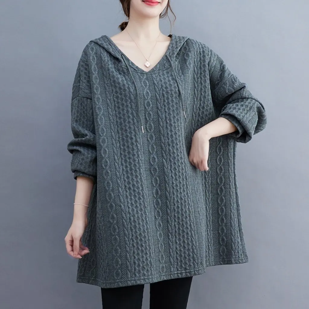 

Осень-зима, корейский стиль, толстовка с капюшоном, большой размер, женская толстая, для похудения, модный топ для женщин больших размеров