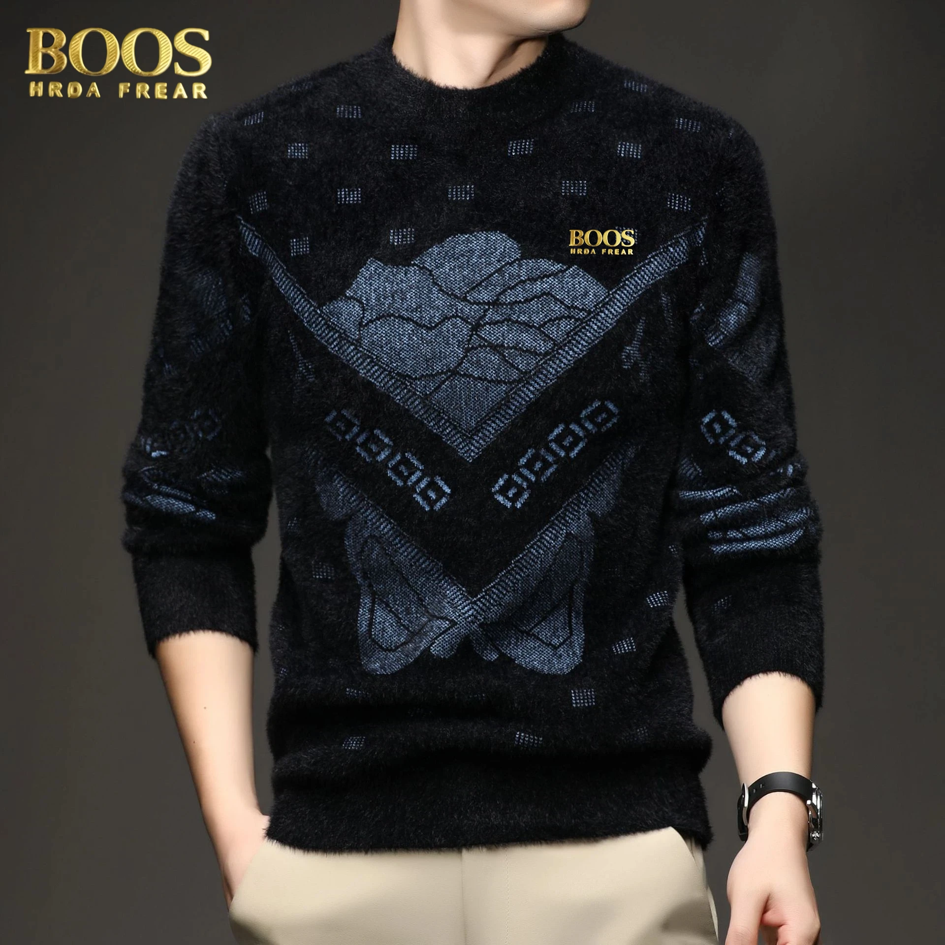 الشتاء الرجال الثقيلة تقليد المنك المخملية سترة تدفئة قاع قميص طويل الأكمام جولة الرقبة بالإضافة إلى سترة سميكة المخملية #2