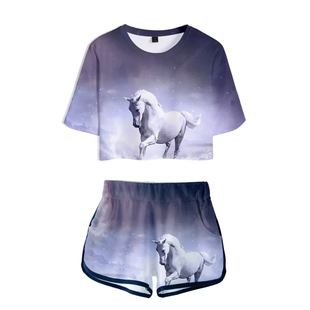 Two Piece Set 3D Animal Horse Print T shirt Casual Harajuku Suit Shorts Crop Top Fashion Tops and Shorts Pants