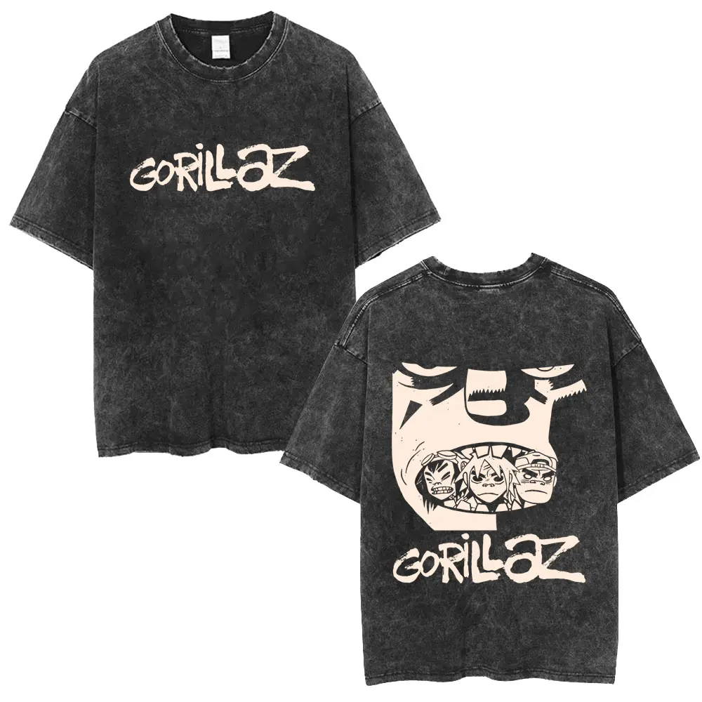 

Washed Vintage Rock Band Gorillaz Face Graphic T-shirt Men Hip Hop Fashion T Shirt Men's Retro Oversized Short Sleeve T-shirts
