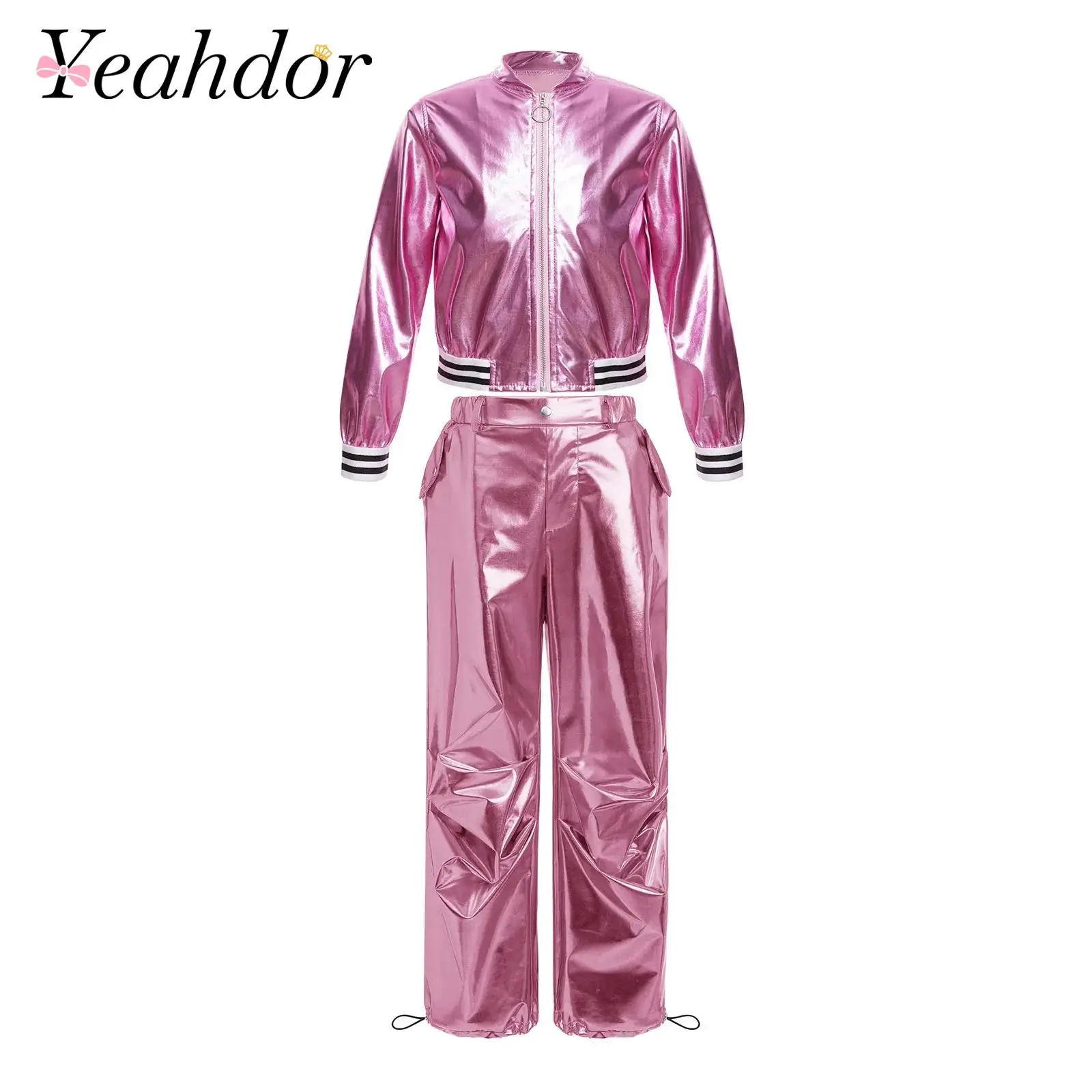 Kids Girls Jazz Dance Metallic Jacket with Pants Children Disco Street Dancewear Stage Performance Outfit Hip-Hop Clothing Sets