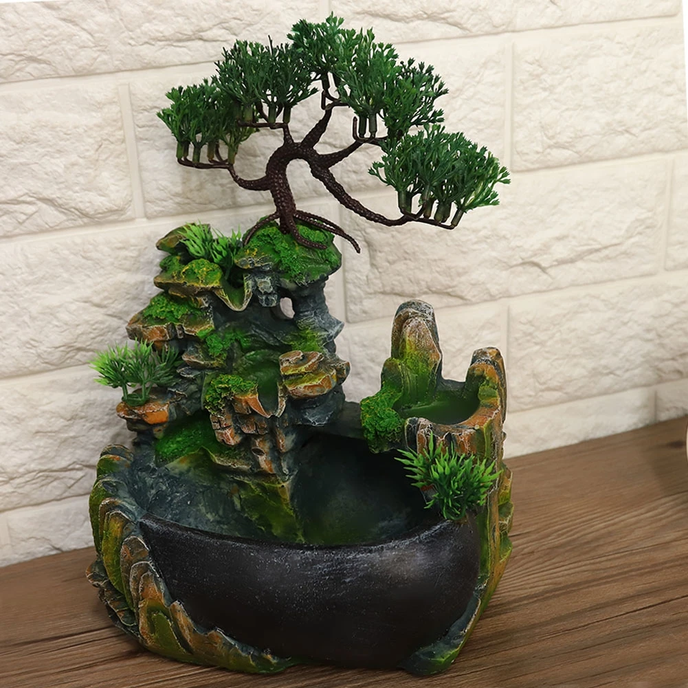 Desktop Fountain Waterfall Small Resin Zen Meditation Waterfall for Home Living Room Study Office Desk Decoration EU Plug 220V