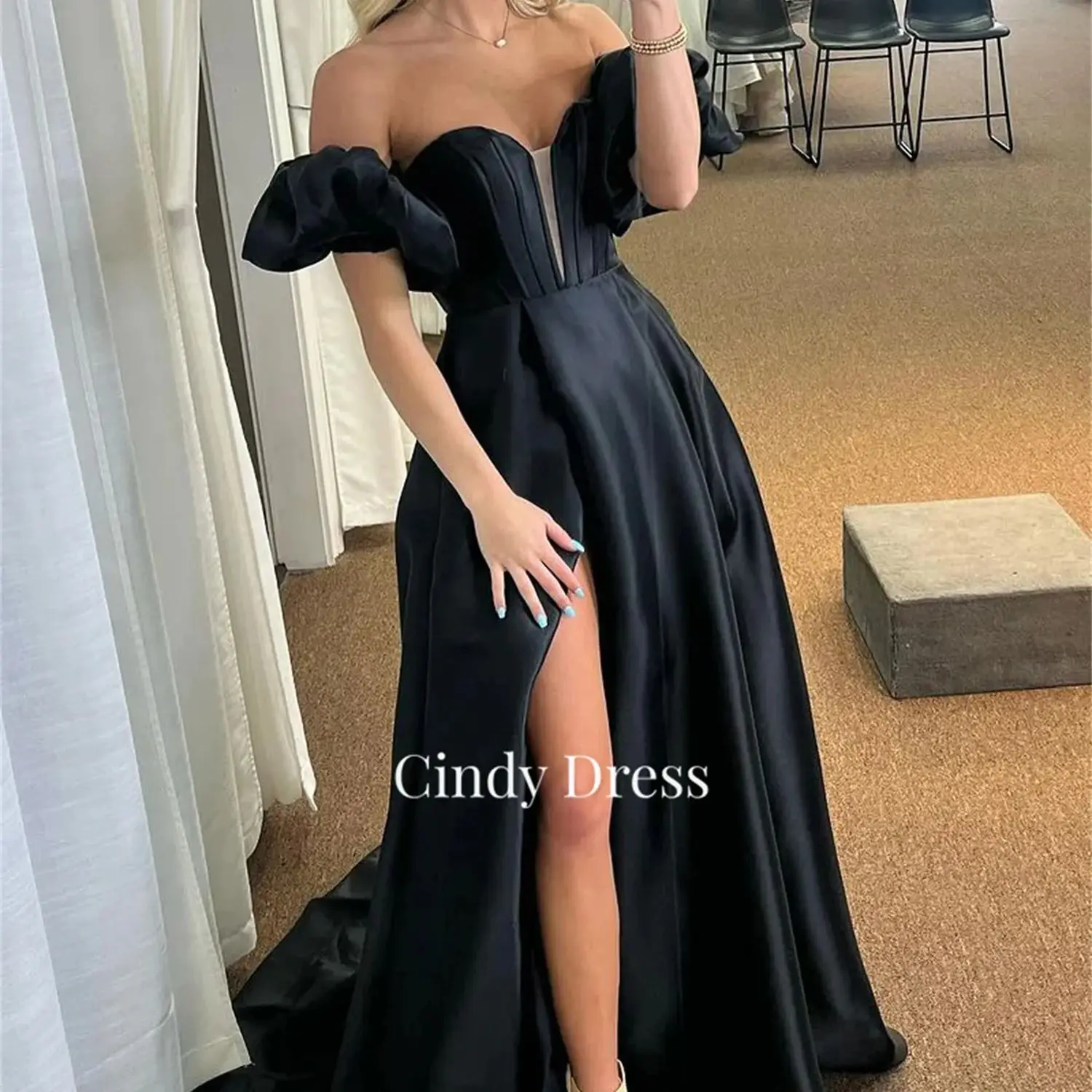 

Cindy Satin Off the Shoulders Black Customized High Quality Luxury Dress Birthday Dresses for Special Events Ball Gowns Evening