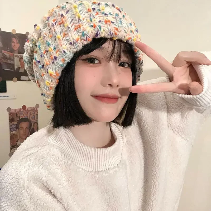 

1pc Women's Beanie Hats For Autumn and Winter Worm Rainbow Colorful Mixed-color skull Cap,Outdoor Casual Warm Skullies head Hats
