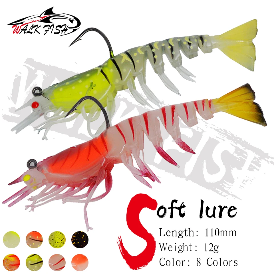 WALK FISH 2 Stück 12 g 110 mm PVC-Garnelen-Weichköder in verschiedenen Farben, künstlicher leuchtender Köder für Angelaktivitäten, Süßwasser-Seebarsch