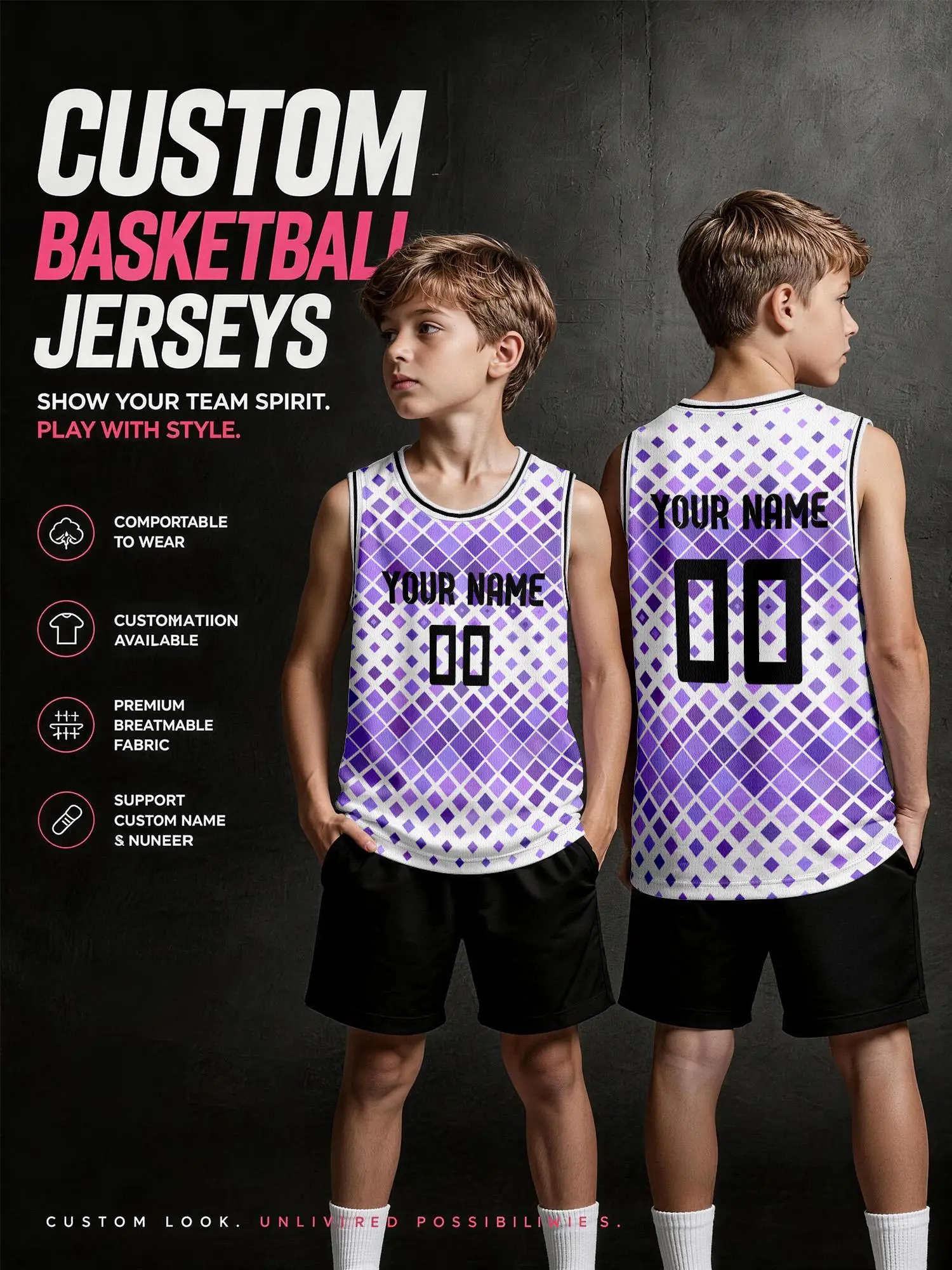Purple‑White Diamond Grid Custom Basketball Jersey, DIY Name & Number, Breathable Quick‑Dry Set For Adults & Kids