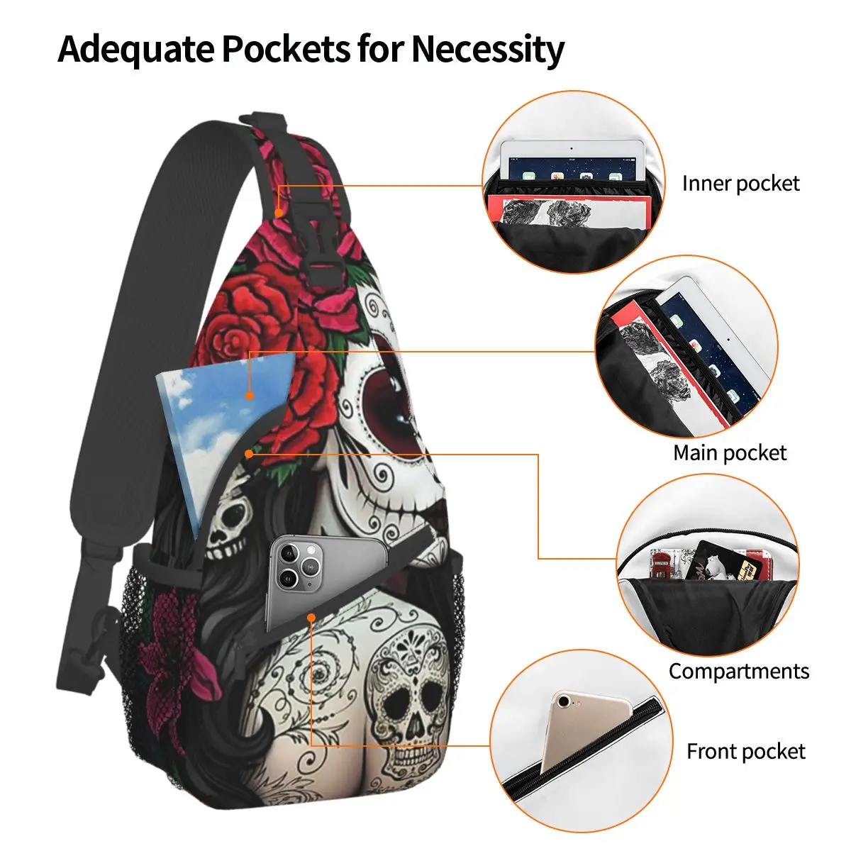 Sugar Skull Crossbody Sling Bags Smallchest Bag Mooi Meisje Schouder Rugzak Dagrugzak Voor Reizen Wandelen Camping Satchel