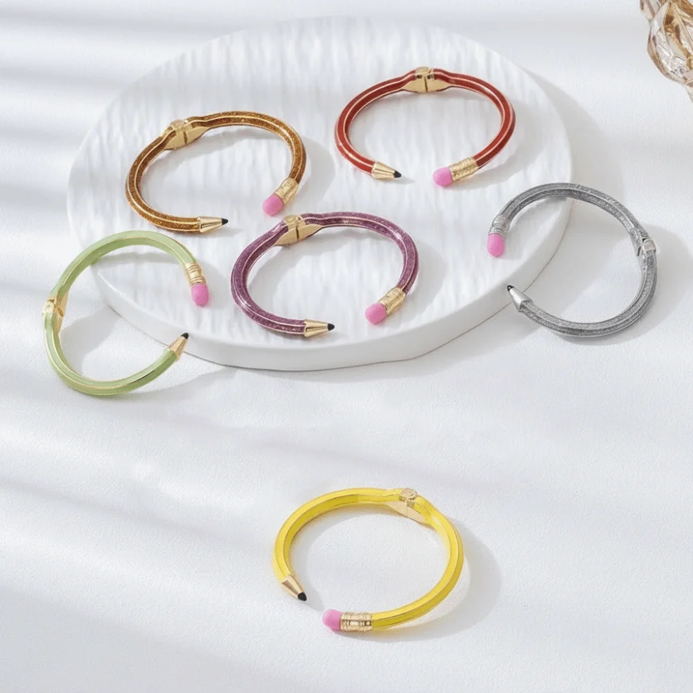 Vibrant Color Enamel Pencil Shaped Bracelet Flexible Spring Hinge Cute Eraser Detail Enamel Cuff Bangle Polished Glossy Finish