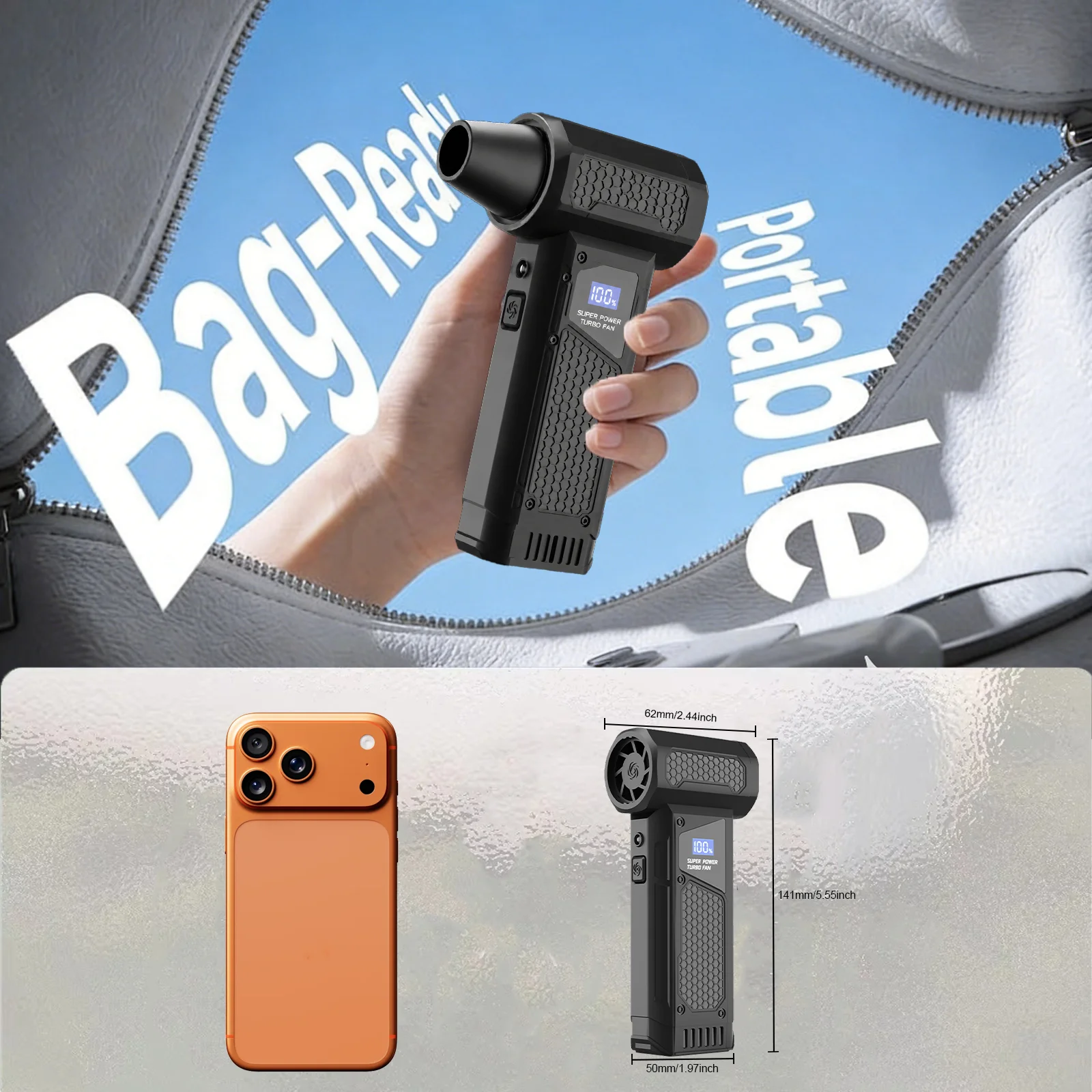 Mini-Turbo-Jet-Ventilator, kabelloser Luftstaubsauger - Hochgeschwindigkeits-Brushless-Motor, LED-Display, wiederaufladbares Gebläse für PC, Auto, Haushaltsreinigung, 4000mAh Akkupack – Detail 5