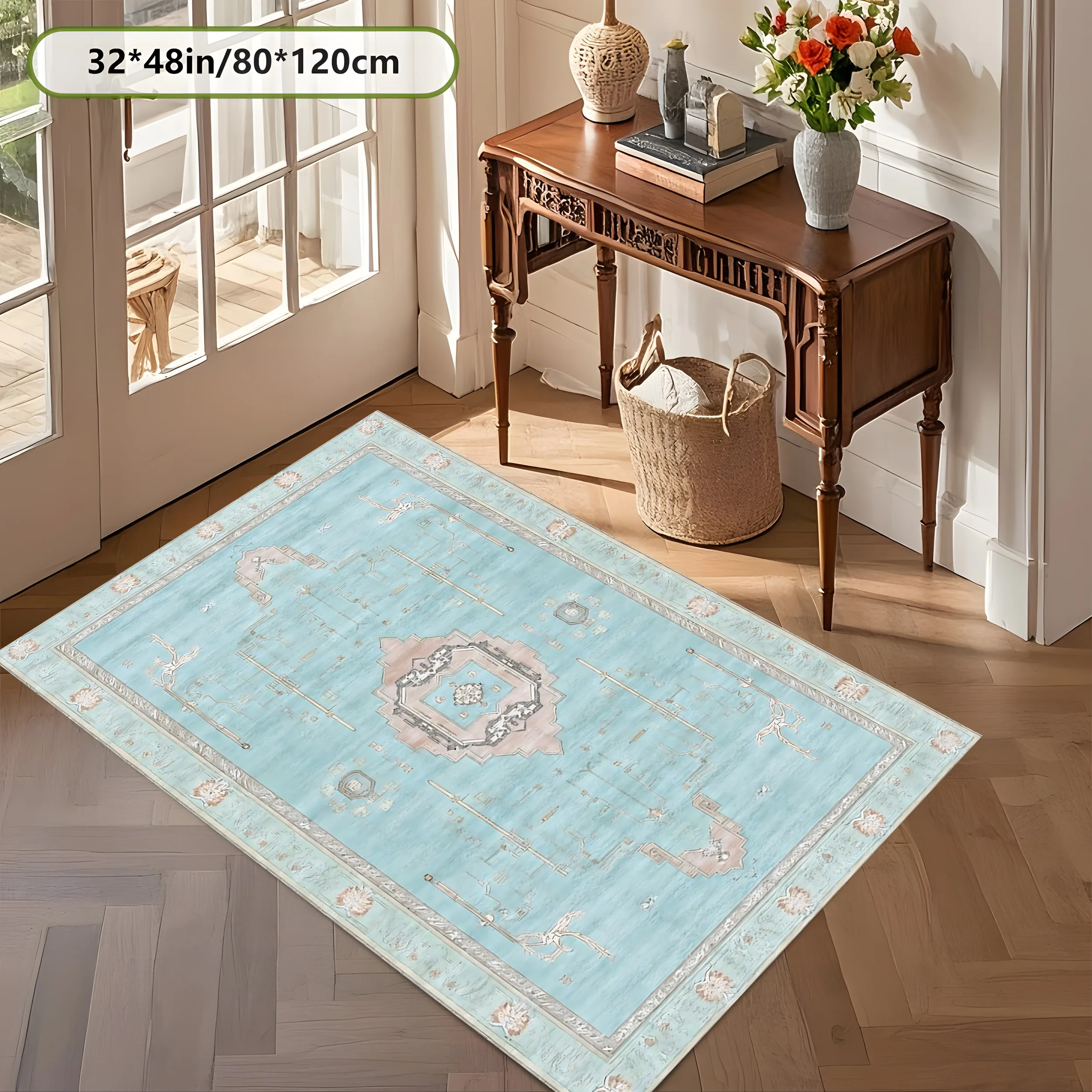 2D Large Rug, Light Blue Retro Persian Pattern, Vintage and Luxurious Style, Suitable for Living Room and Bedroom, One-Click Refresh for Autumn and Winter Decoration
