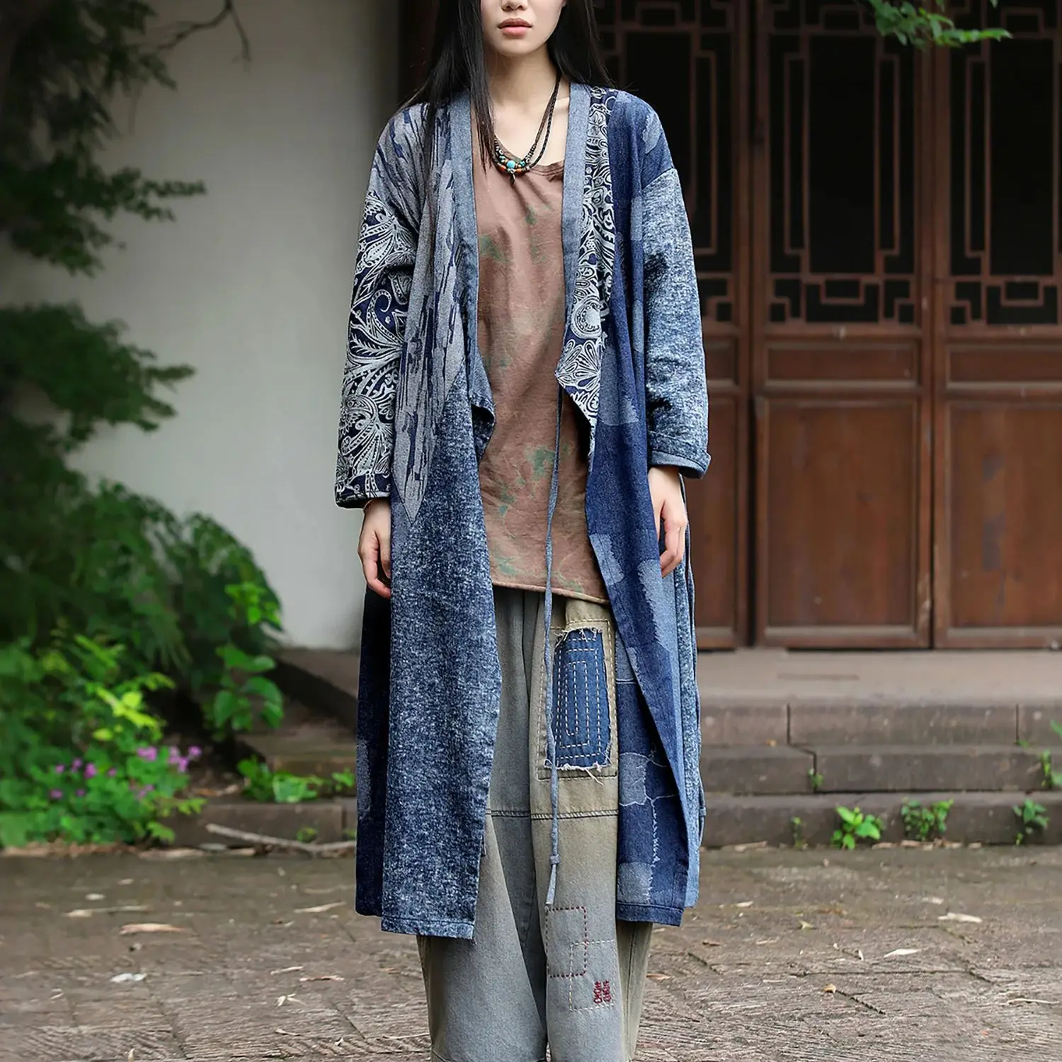 

LZJN Women's Autumn Retro Blue Dyed Patchwork Printed Single-Layer Loose Long Coat with Ethnic Style Fashion Open Cardigan