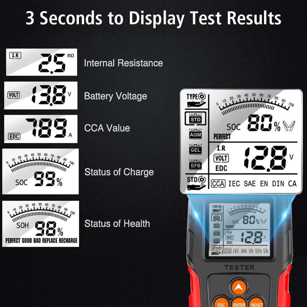 12V 24V Car Motorcycle Battery Tester Digital Battery Analyzer Test Tool SOH SOC CCA IR Measurement for Car Truck