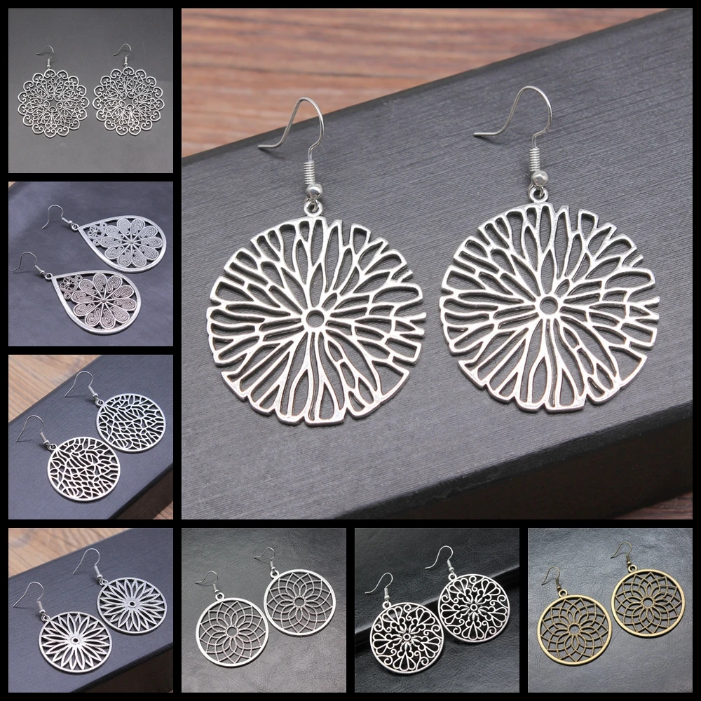 Bohemia Vintage Carve Mandala Flower Antique Silver Color Drop Dangle Earring For Women Girl Antique Hollow Jewelry