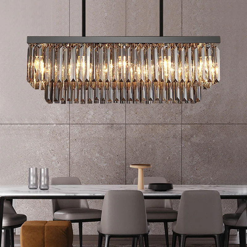 Modern Minimalist Chandelier Kitchen Island Luxury Crystal LED Lamp Dining Room Decor Rectangle Bar Black Hanging Light Fixtures