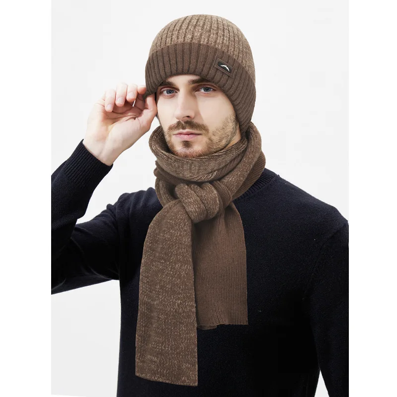 Winter New Color Block Leather Label Extended Scarf Two-Piece Knit Hat for Men Thickened Warm Neck Guard Mittens Wool Hat
