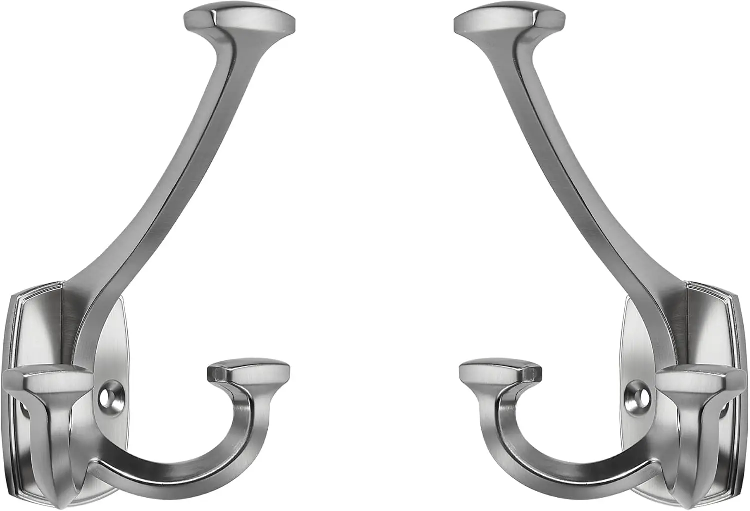 

Heavy Duty Double-Sided Wall Hook 2 Pack, Brushed Satin Nickel, Space-Saving Coat Hooks for Towels, Robes, Bags