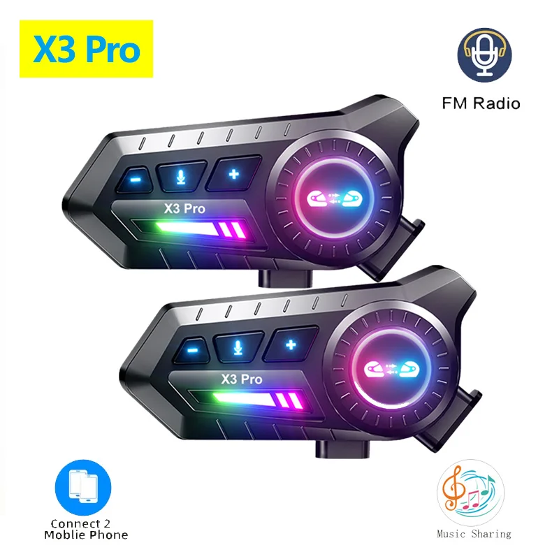 

Мотоциклетная Bluetooth-гарнитура X3 Pro BT6.0 для 2 райдеров, интерком, голосовой помощник, шумоподавление, FM-радио, водонепроницаемость IPX6