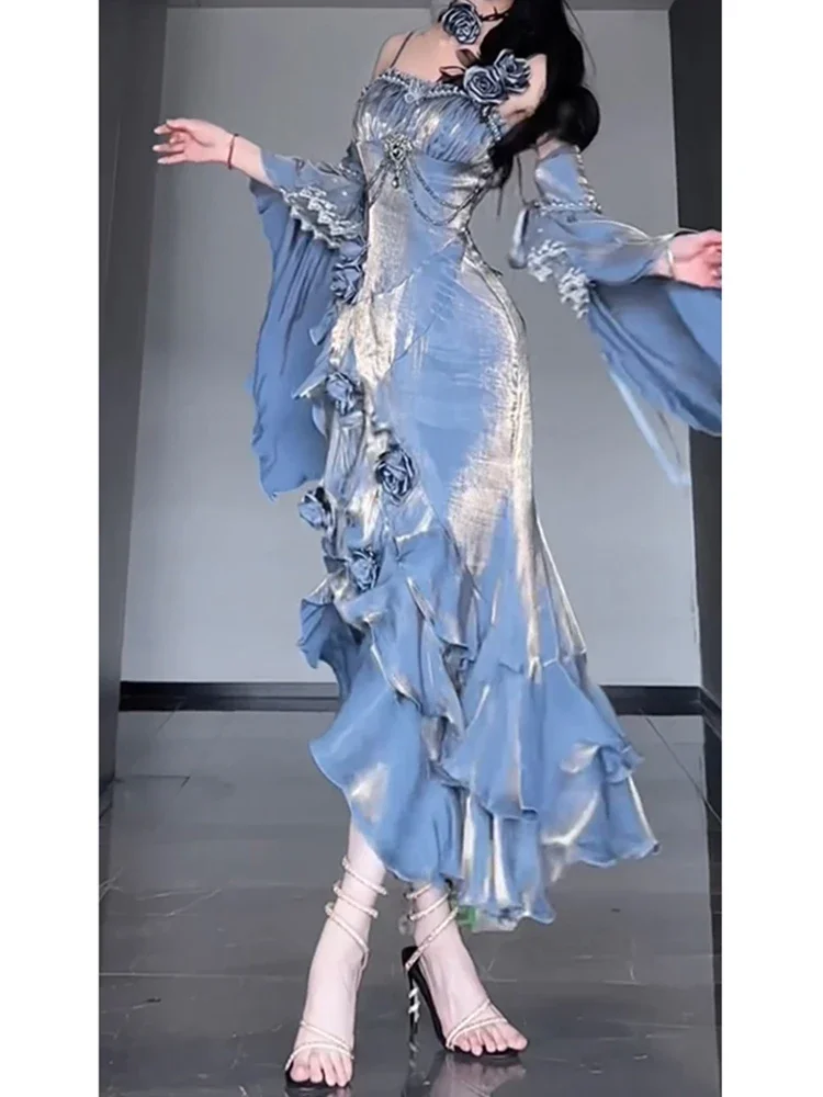 

Рождественский халат в стиле милитари, нарядное платье с синей розой, торжественное платье, юбка «рыбий хвост», элегантная манжета богини Лолиты