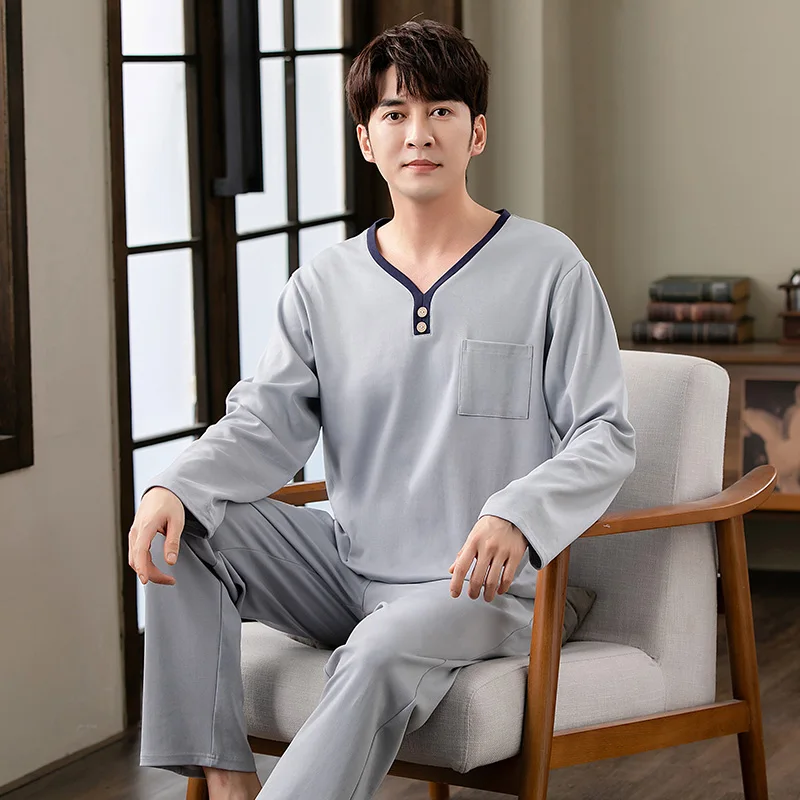 Men\'s V-Neck Cotton Pajamas Set Autumn Long-Sleeve Tops + Long Pants Nightwear Home Wear Suits Simple Fashion Sleepwear For Male