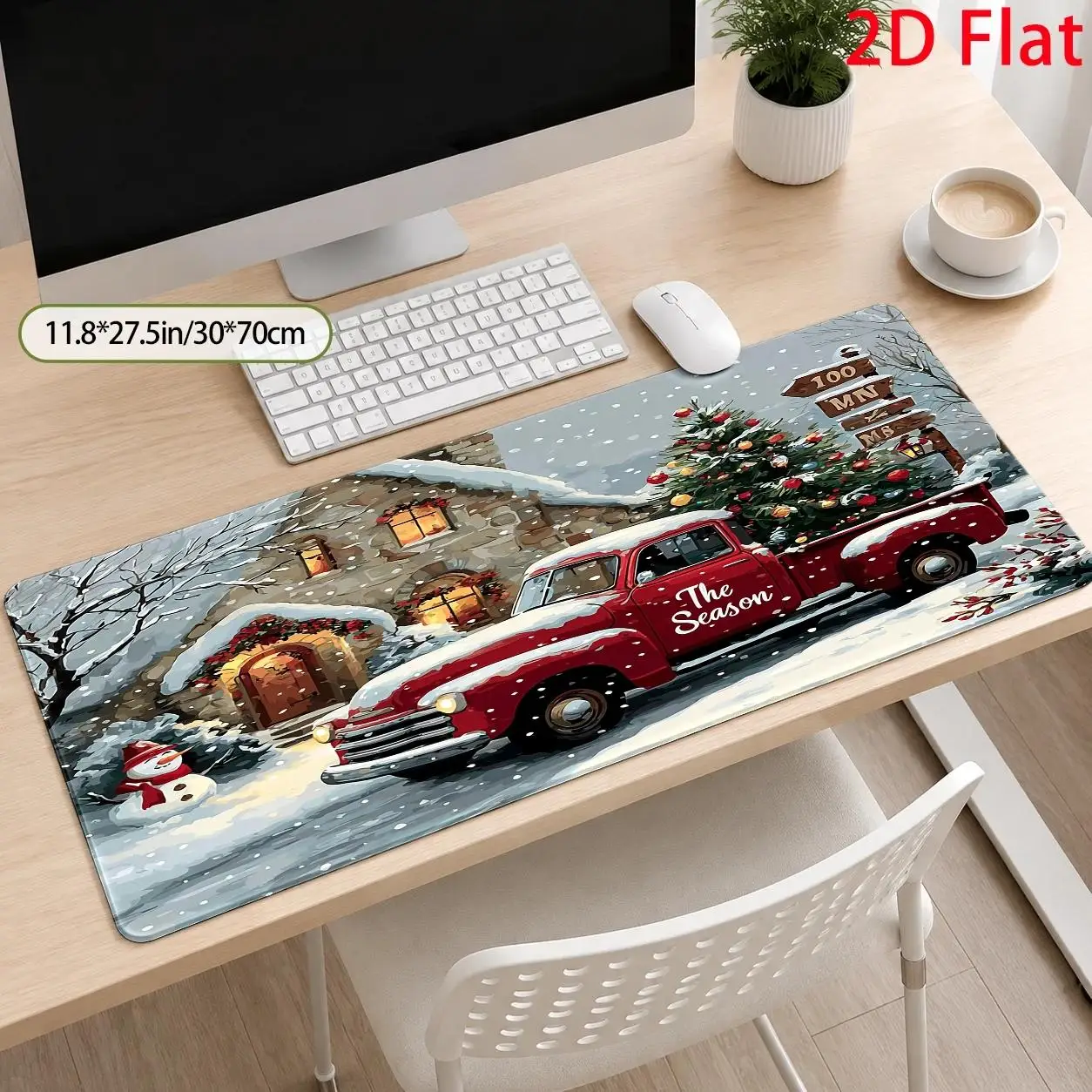 2D Flat, Christmas Truck Large Mouse Pad, Winter Village Desktop Mat, Cozy Retro Design, Festive Holiday Season, Soft, Stain-Resistant, Comfortable, Easy to