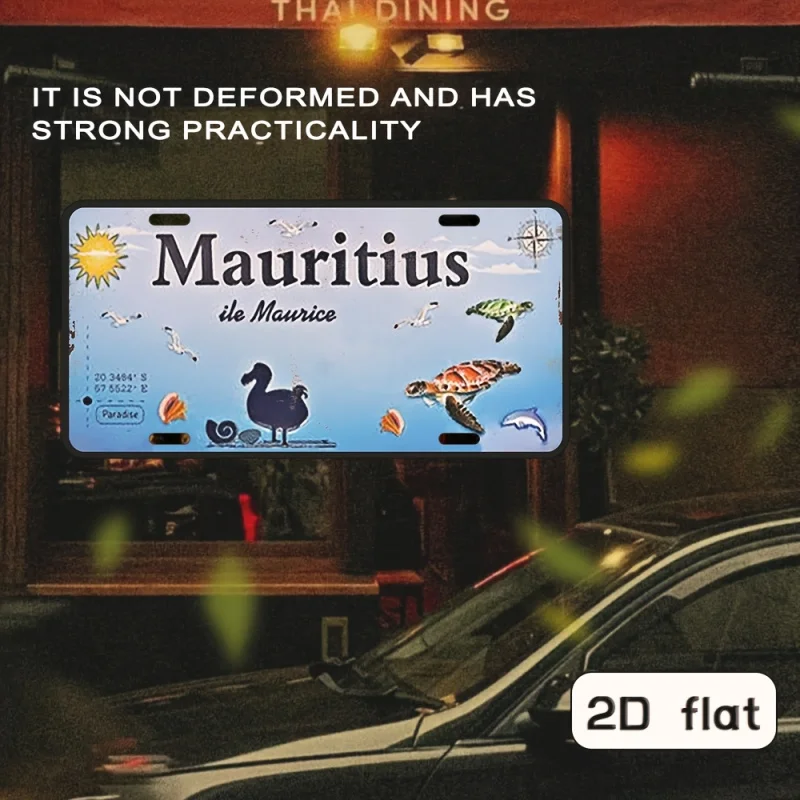 HD Aluminum Print, Vintage Mauritius Ile Maurice Dodo Turtle Tropical Island License Plate Style Wall Art, High Definition Bend-