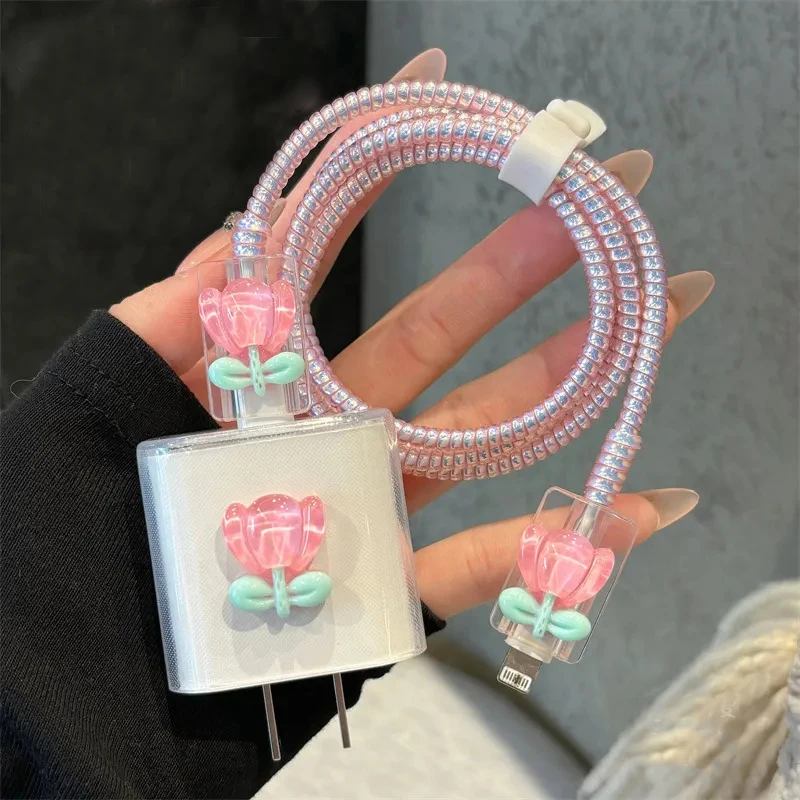 Cute 3D Tulip Flower Transparent Soft Silicone Charger Cover For IPhone 12 13 14 18W-20W Charge Protection Cover Charger Sleeve