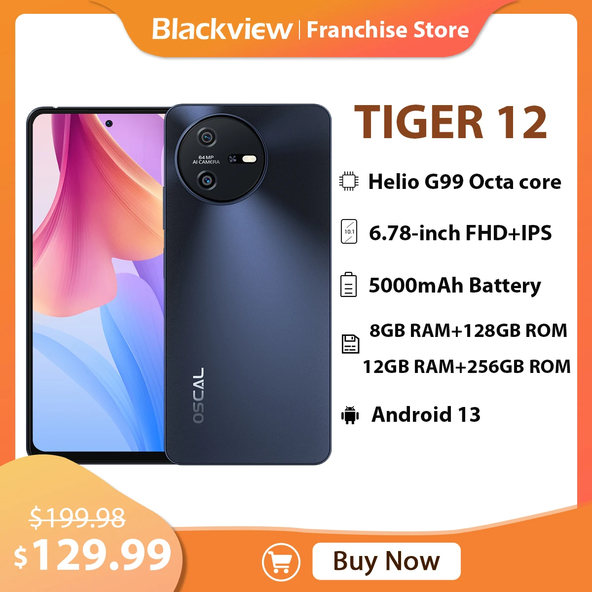 Blackview Oscal TIGER 12 Smartphone, Helio G99 6.78 Inch 120Hz Display, 8GB+128GB,12GB+256GB 64MP 5000mAh 33W Fast Charge Phone