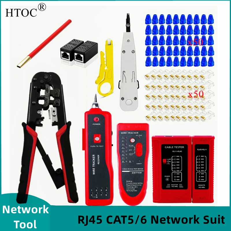 HTOC RJ45 Network Suit Crimp Tool Network Cable Loosener Wire Tacker Cable Tester 50PCS Connector And Cover(CAT5) 2PCS  Extender