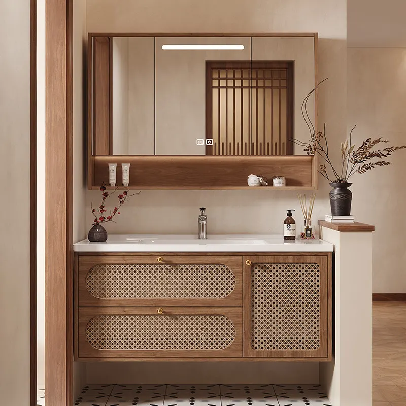 

Средневековые тумбы для ванной комнаты, керамические встроенные раковины, тумбы под раковину из ротанга, комбинированный дуб.