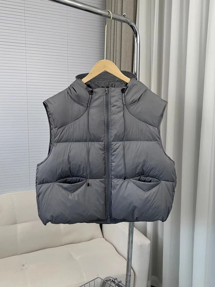 Otoño Invierno chaleco suelto con capucha mujer engrosamiento cálido acolchado chaleco abrigo mujer pato blanco abajo chaleco sin mangas con cremallera