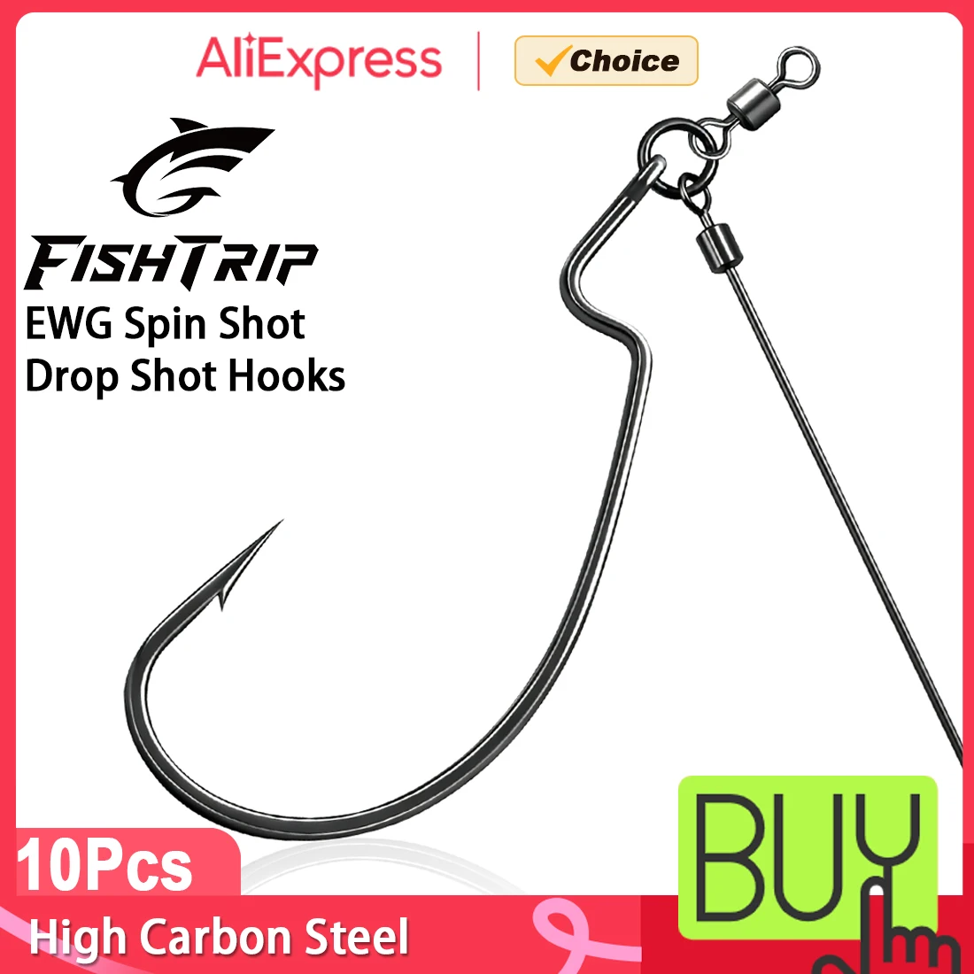 FishTrip 10PCS Drop Shot Rig Hooks with Anti-Bite Steel Wire, 360° Swivel High Carbon Steel Wide Gap Hooks for Soft Lures, Bass