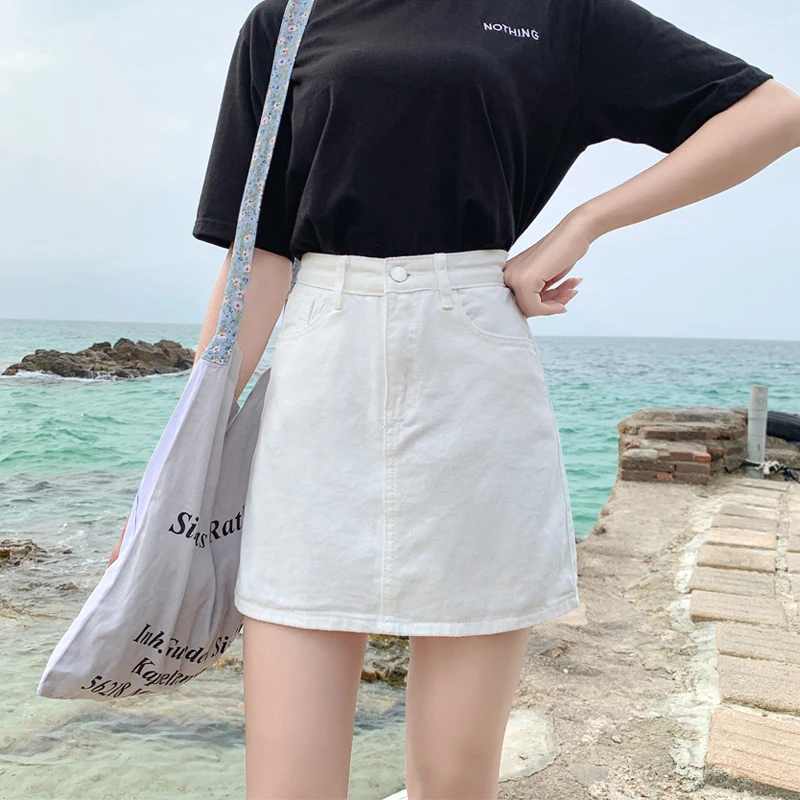 Gonna di jeans a vita alta Gonne a trapezio svasate bianche estive da donna Gonne di jeans di cotone alla moda Gonne aderenti