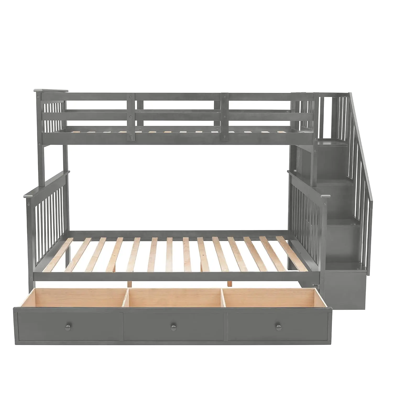 Wood Twin Over Full Bunk Bed with Drawers & Storage Staircase, Convertible to 2 Beds, Space Saving, Gray, Custom image 4
