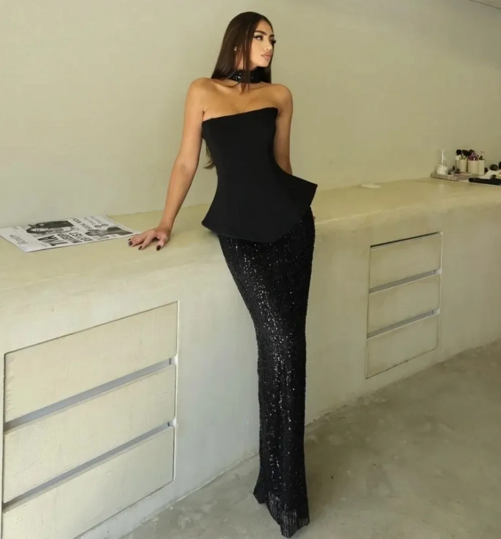 

2025 модные черные платья из двух частей для выпускного вечера без бретелек с блестками, атласные шифоновые вечерние платья Robe De Soiree