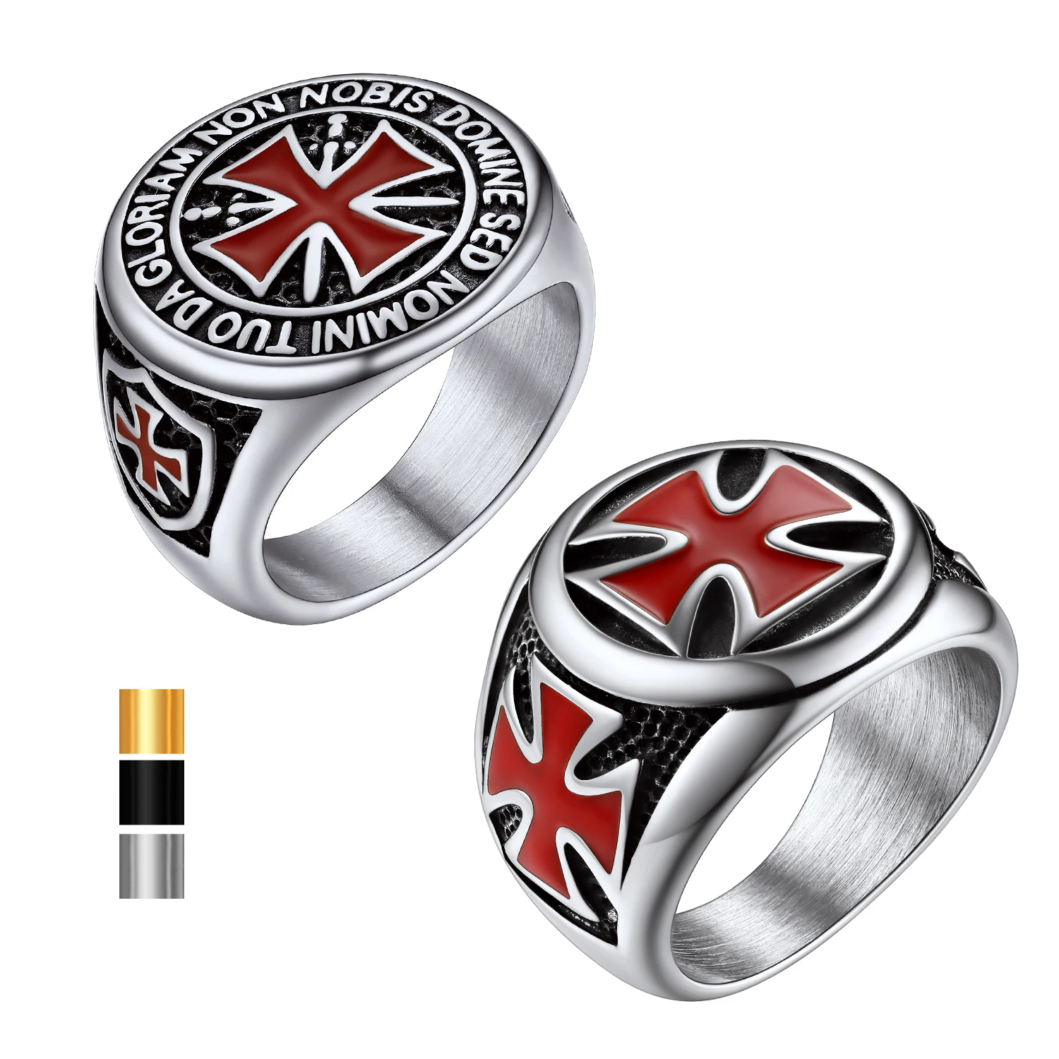 U7 Stainless Steel Round Knight Templar Rings Red Glaze Cross The Temple of Solomo Crusader Cross Man Signet Ring Jewelry Gift