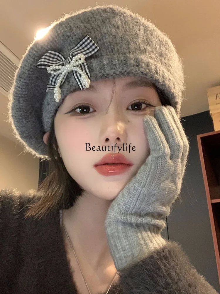 Bow gray beret women autumn and winter warm knitted plush buds