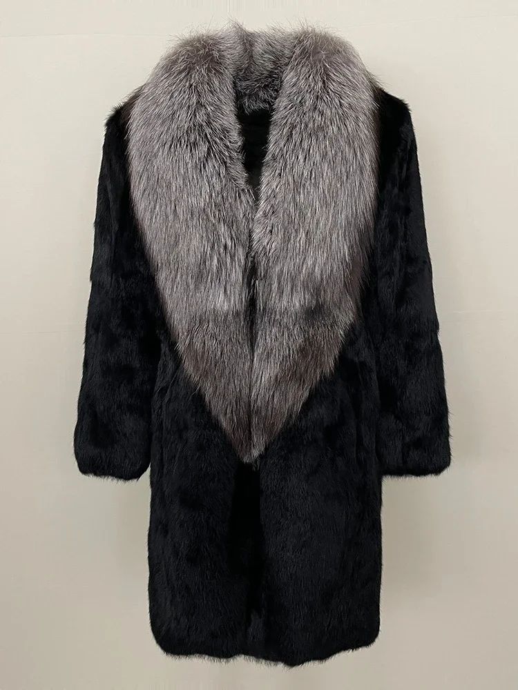 

Women's Whole Fur Jacket Winter Coat Women Fur Medium Long Super Silver Fox Collar Outwear Fashion Real Rabbit Fur Coat